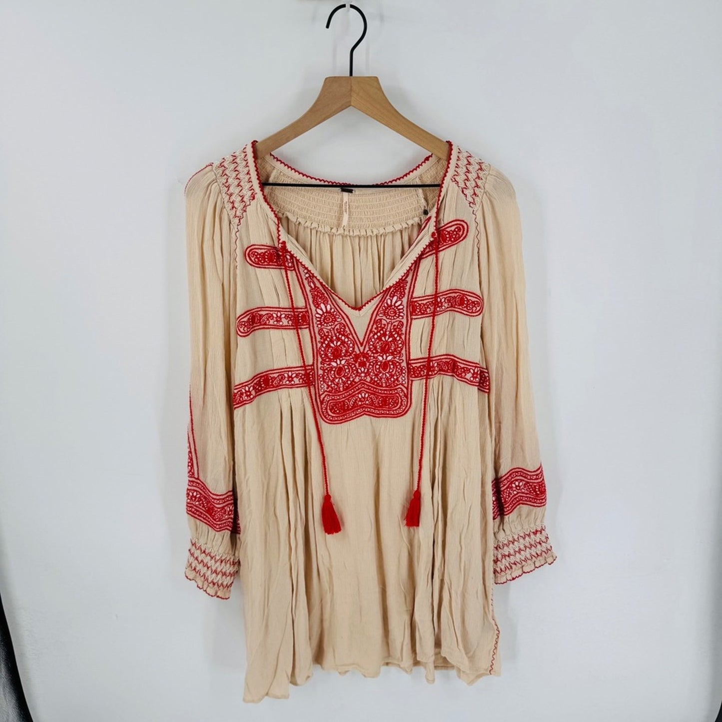 Free‎ People Wind Willow Mini Dress Embroidered Tassel Peasant Cream Red Size M