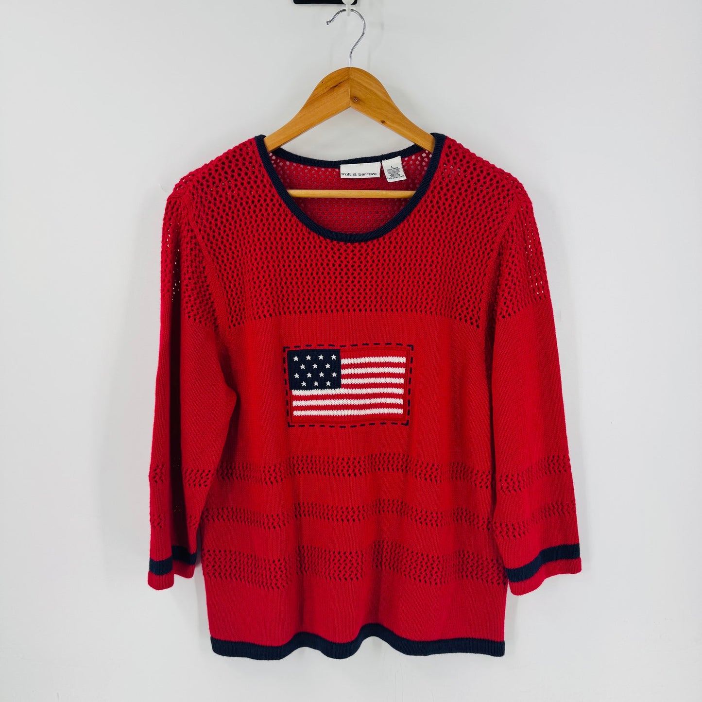 Vintage Croft & Barrow American Flag Knit Sweater Red Patriotic USA Size Large