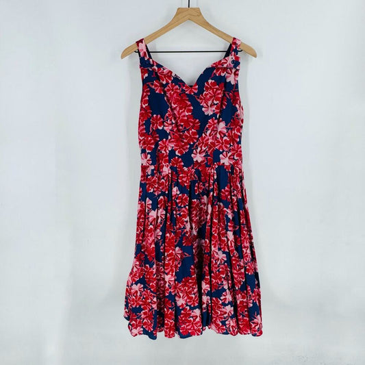 Aryeh Tropical Floral A-Line Cotton Sundress‎ Red Navy Back Zip Size M Medium