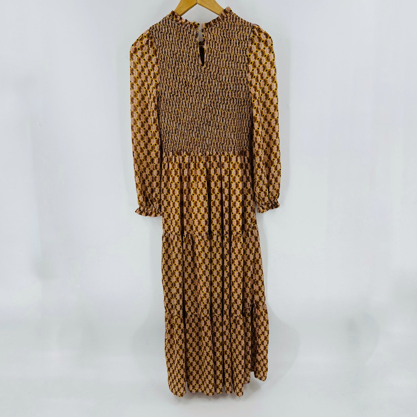 Melloday Smocked Long Sleeve Maxi Dress Retro Geometric Print Brown XS