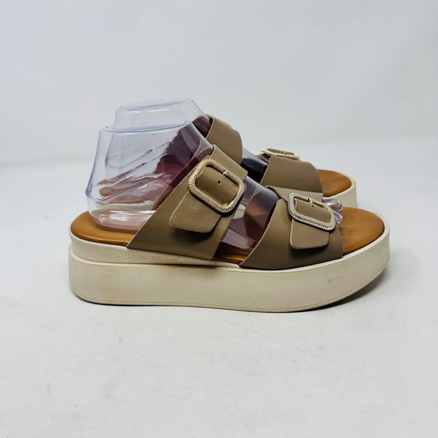 Simona Rossi Leather Platform Slide Sandals Taupe Size 42 Chunky Double Buckle