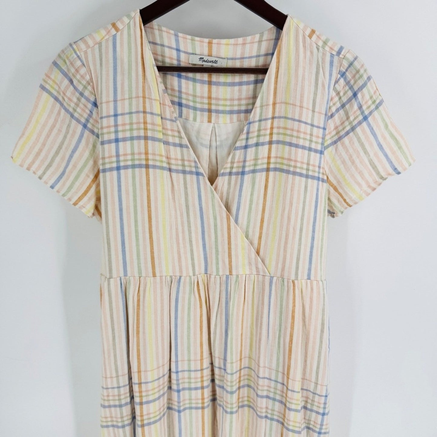 Madewell Clara Midi Dress Linen Blend Plaid V Neck Empire Waist Multi Size SP