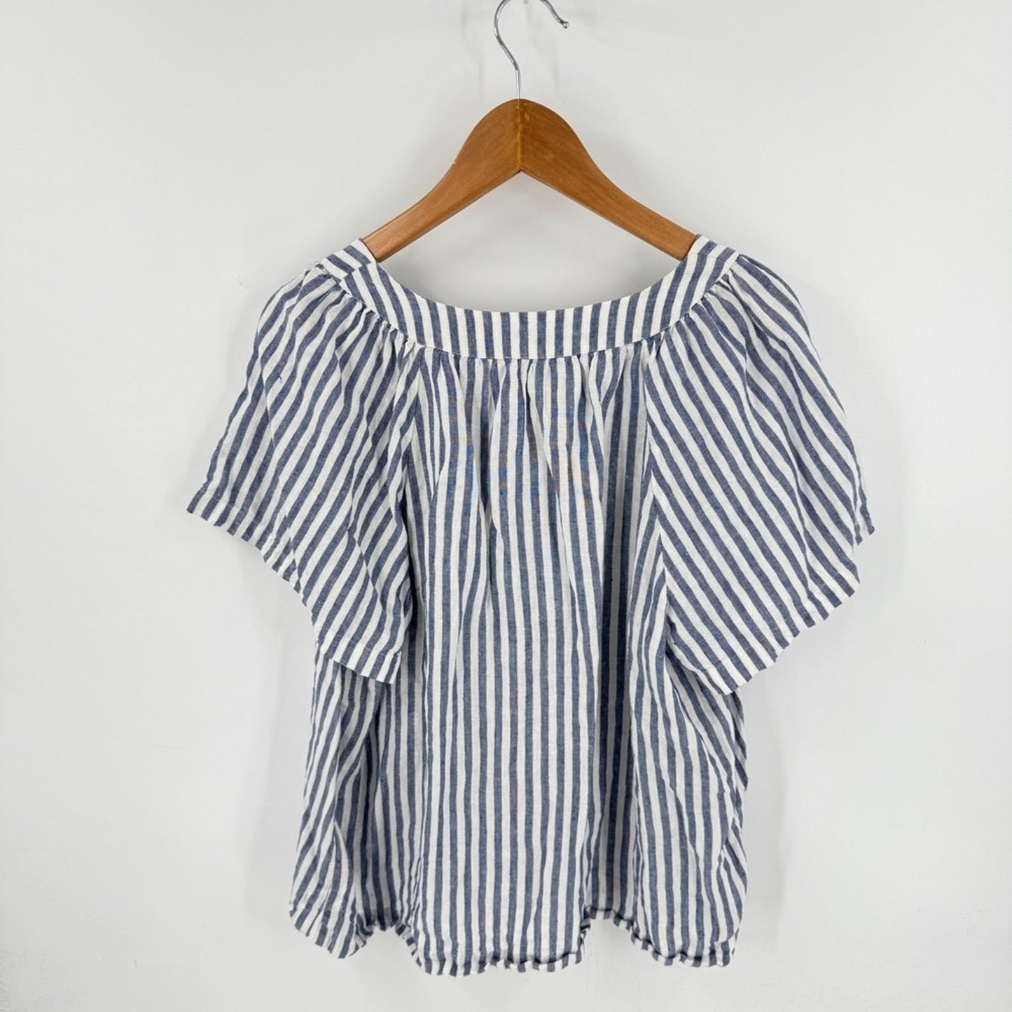 J.Crew Linen Striped Split Neck Top Navy Blue XL Boat Summer Nautical Coastal