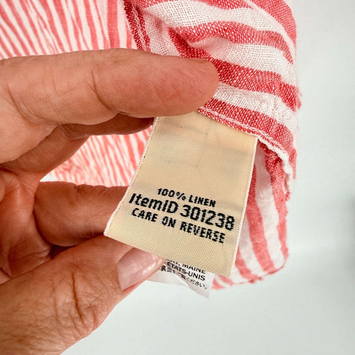 L.L. Bean Linen Button Down Shirt Pink Stripe Large Petite Coastal Summer