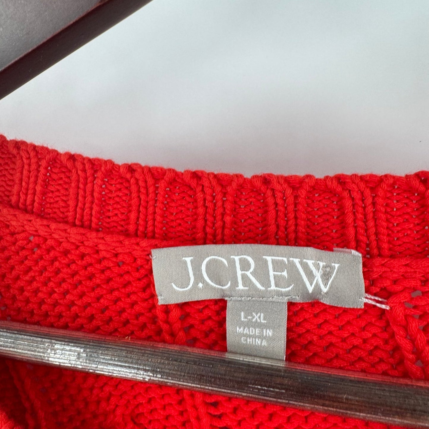 J.Crew Red Cotton Cable Knit Heavy Sweater Size L-XL Side Slit Crewneck Classic