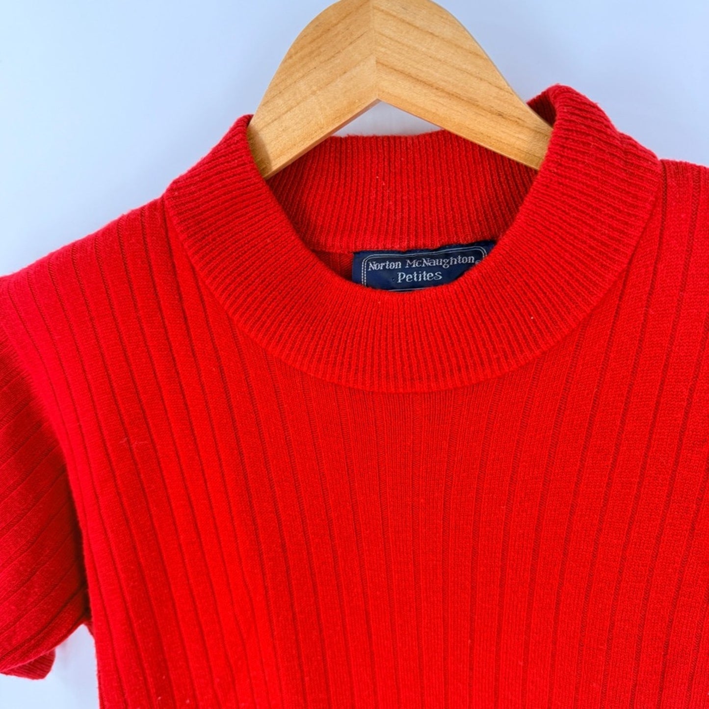 Vintage Red Mock Neck Ribbed Knit Norton McNaughton Short Sleeve Sweater SP