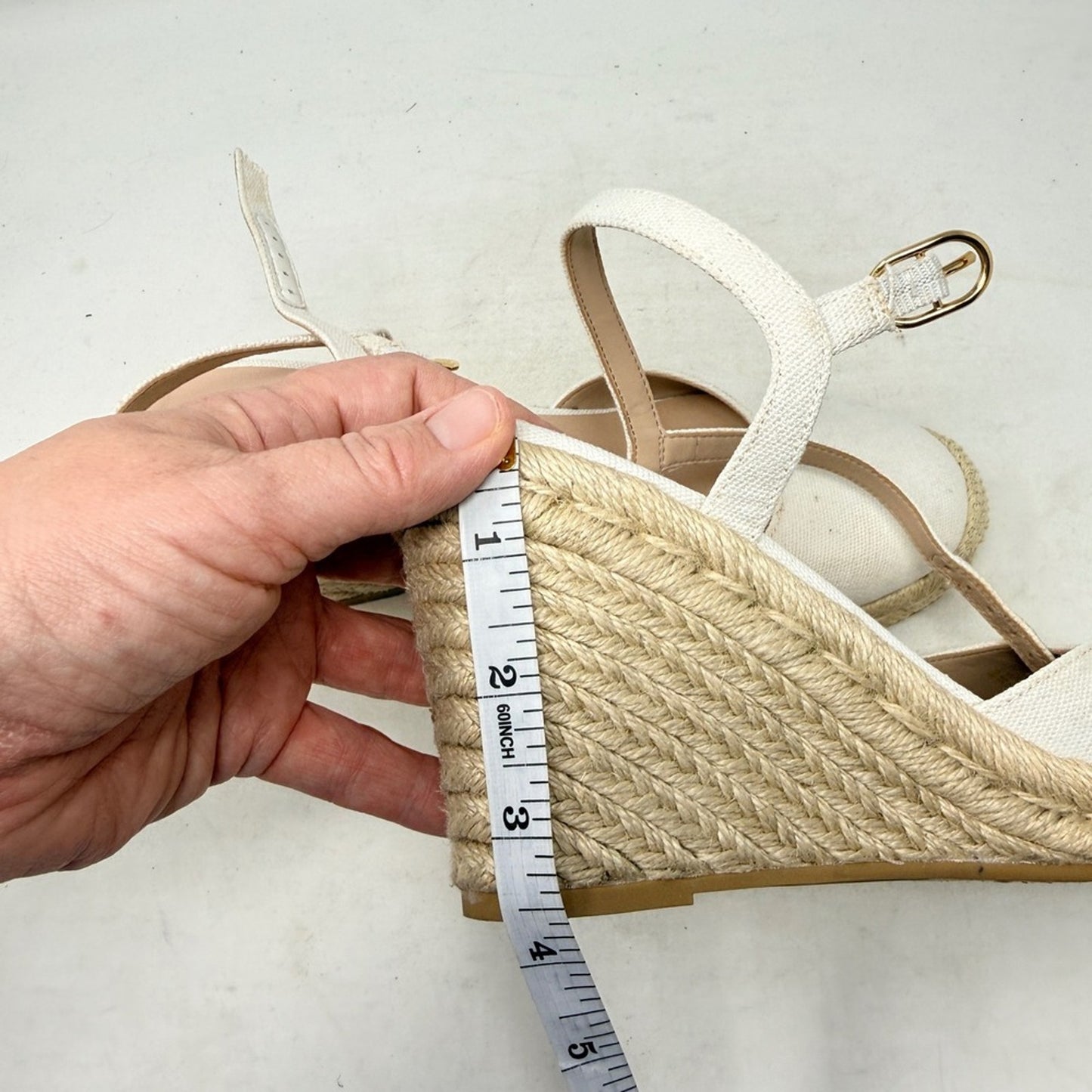 Stuart Weitzman Canvas Espadrille Wedge Ankle Strap Sandals Ivory Heels Size 8