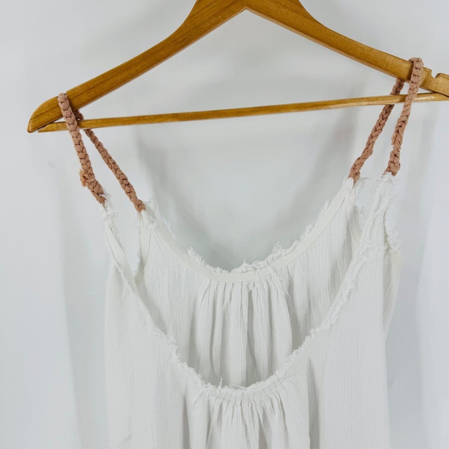 Barine White Gauze Cotton Pink Rope Strap Midi Dress Size L Beachy Boho Natural