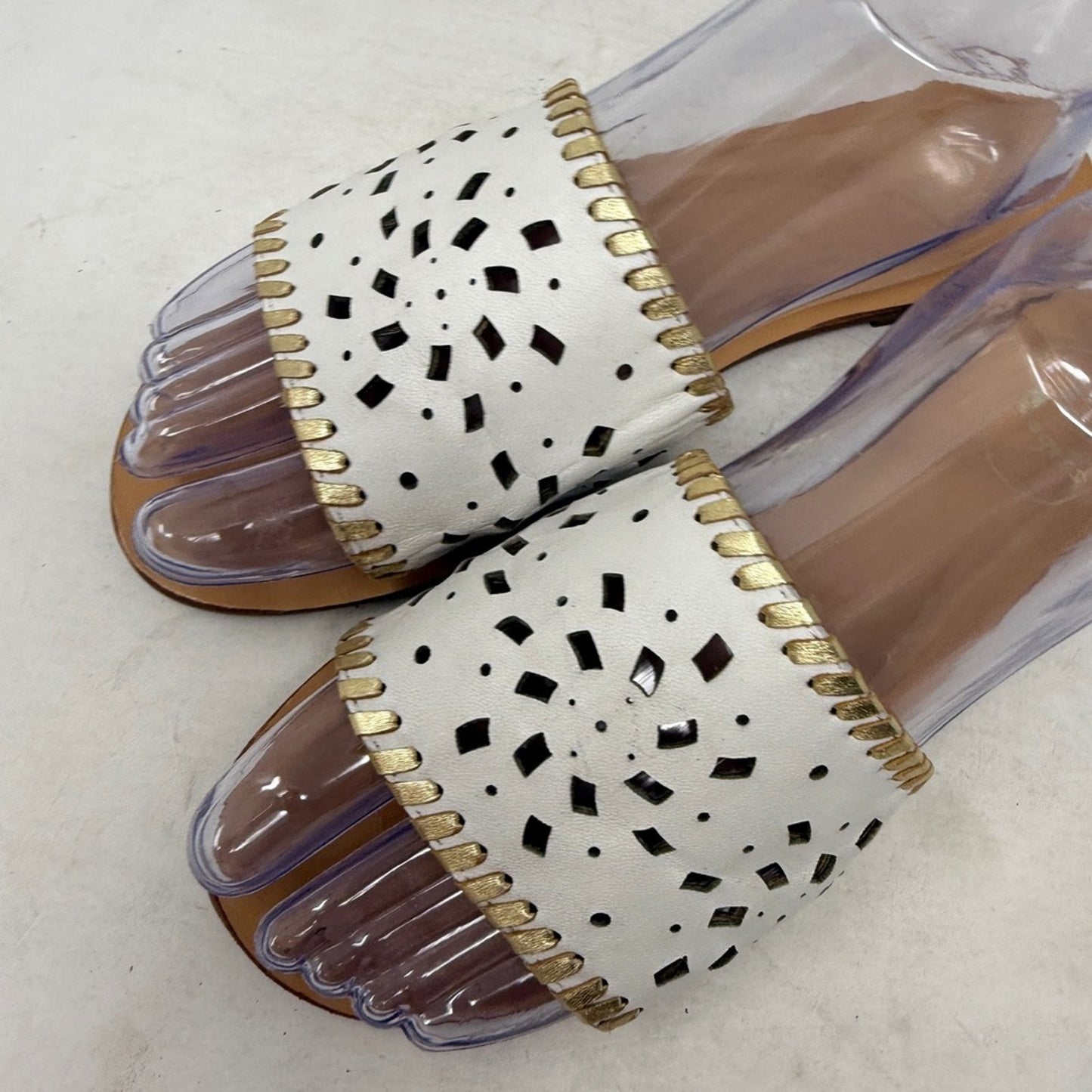 Jack Rogers Slip On Sandals White Gold Whipstitch Flats Size 8 Preppy‎ Coastal