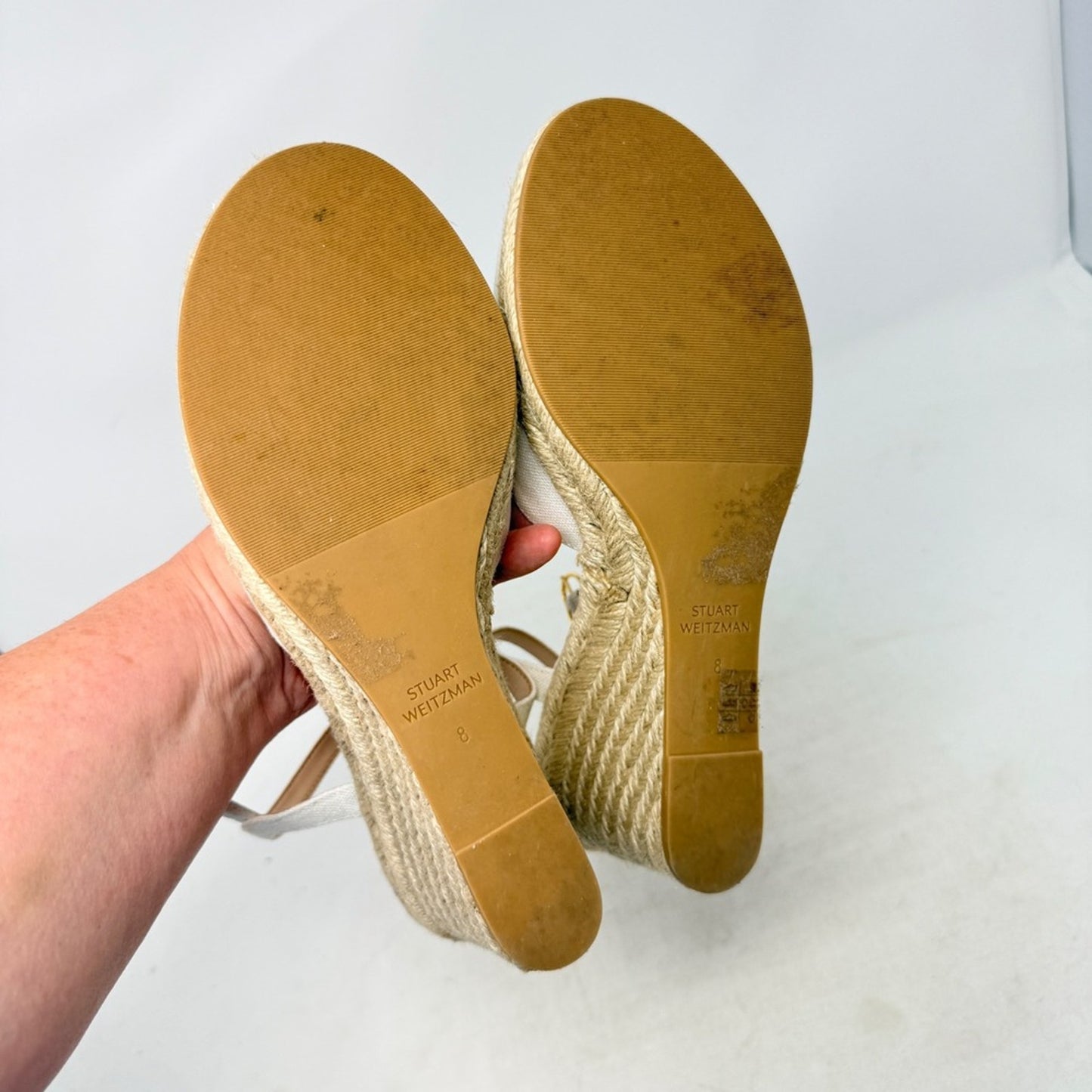 Stuart Weitzman Canvas Espadrille Wedge Ankle Strap Sandals Ivory Heels Size 8