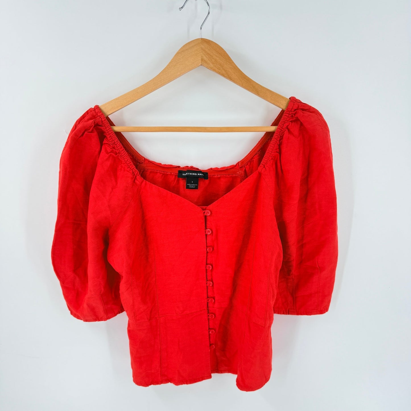 Something Navy Linen Blend Puff Sleeve Top Red Small Coastal Americana