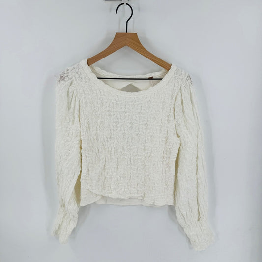 Free People White Lace Open Back Puff Sleeve Top Size XL Coquette Festival
