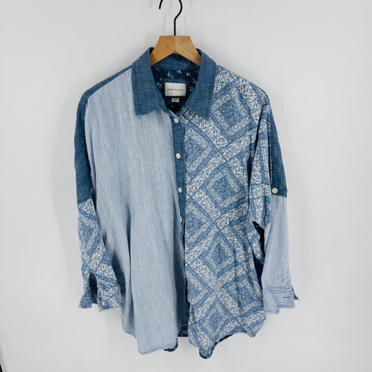 American Eagle Patchwork Linen Blend  Shirt Size XS Oversized Coastal Cowgirl