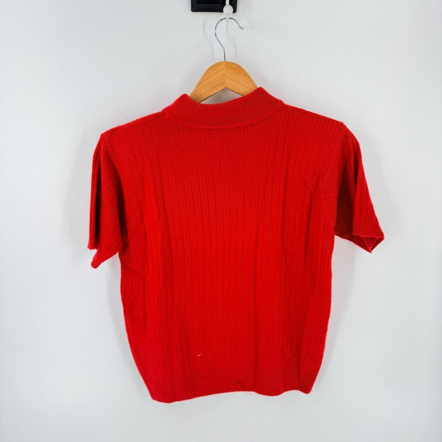 Vintage Red Mock Neck Ribbed Knit Norton McNaughton Short Sleeve Sweater SP