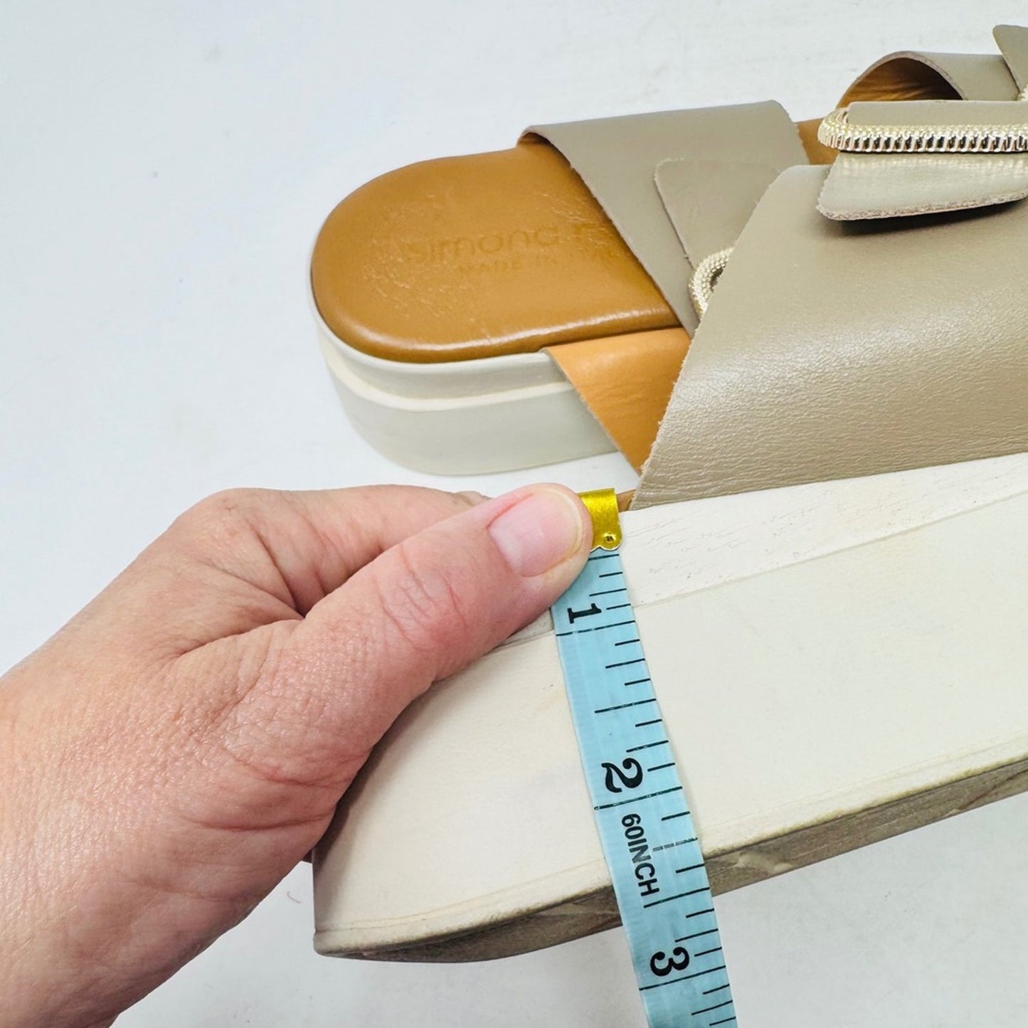 Simona Rossi Leather Platform Slide Sandals Taupe Size 42 Chunky Double Buckle