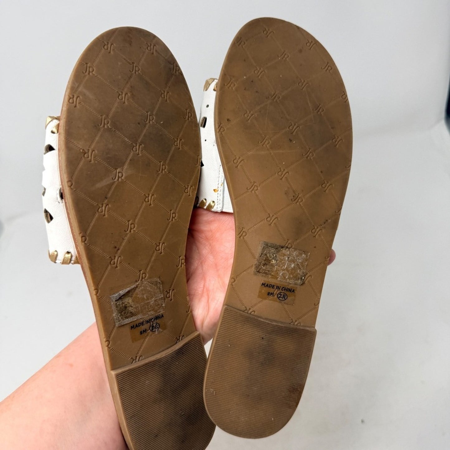 Jack Rogers Slip On Sandals White Gold Whipstitch Flats Size 8 Preppy‎ Coastal