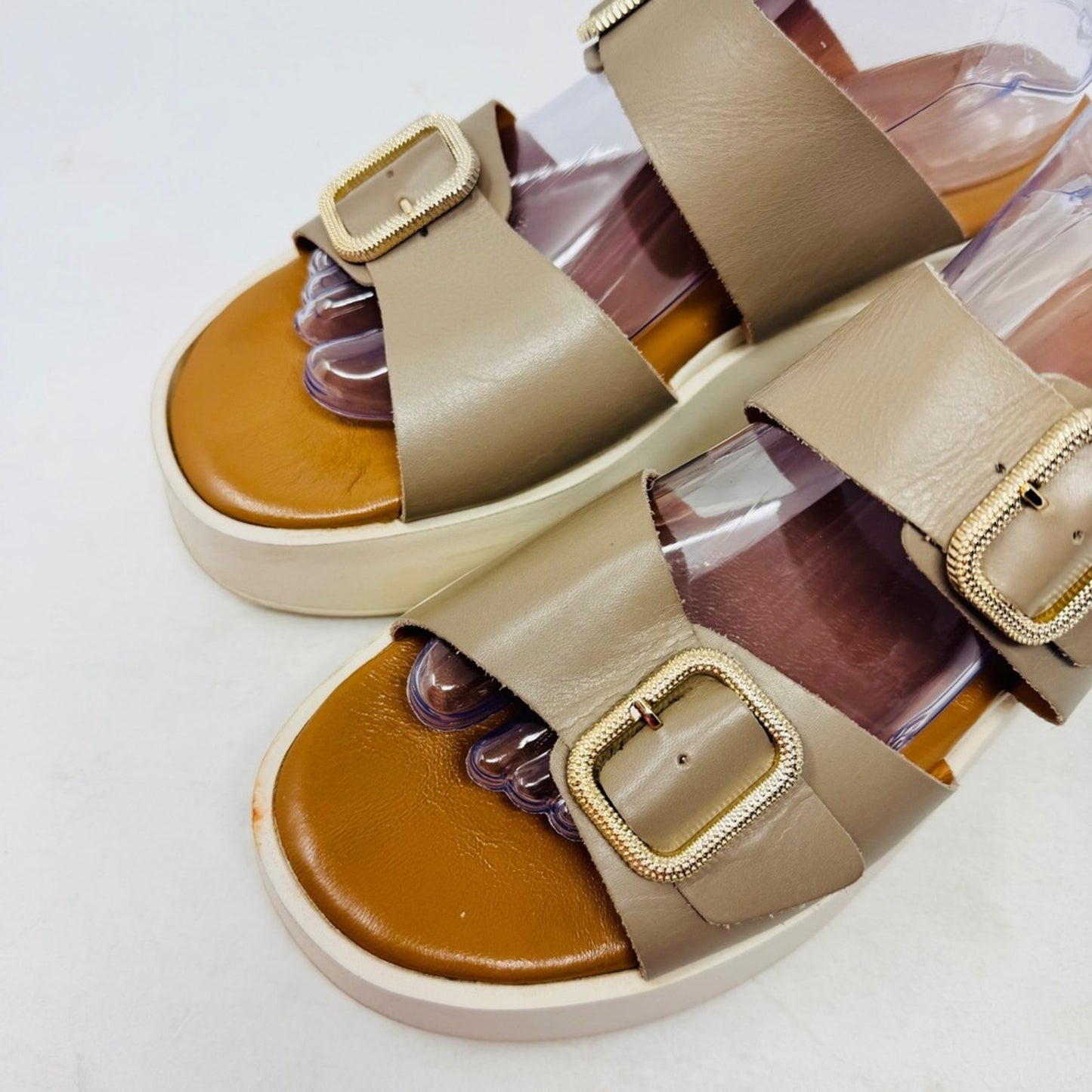 Simona Rossi Leather Platform Slide Sandals Taupe Size 42 Chunky Double Buckle
