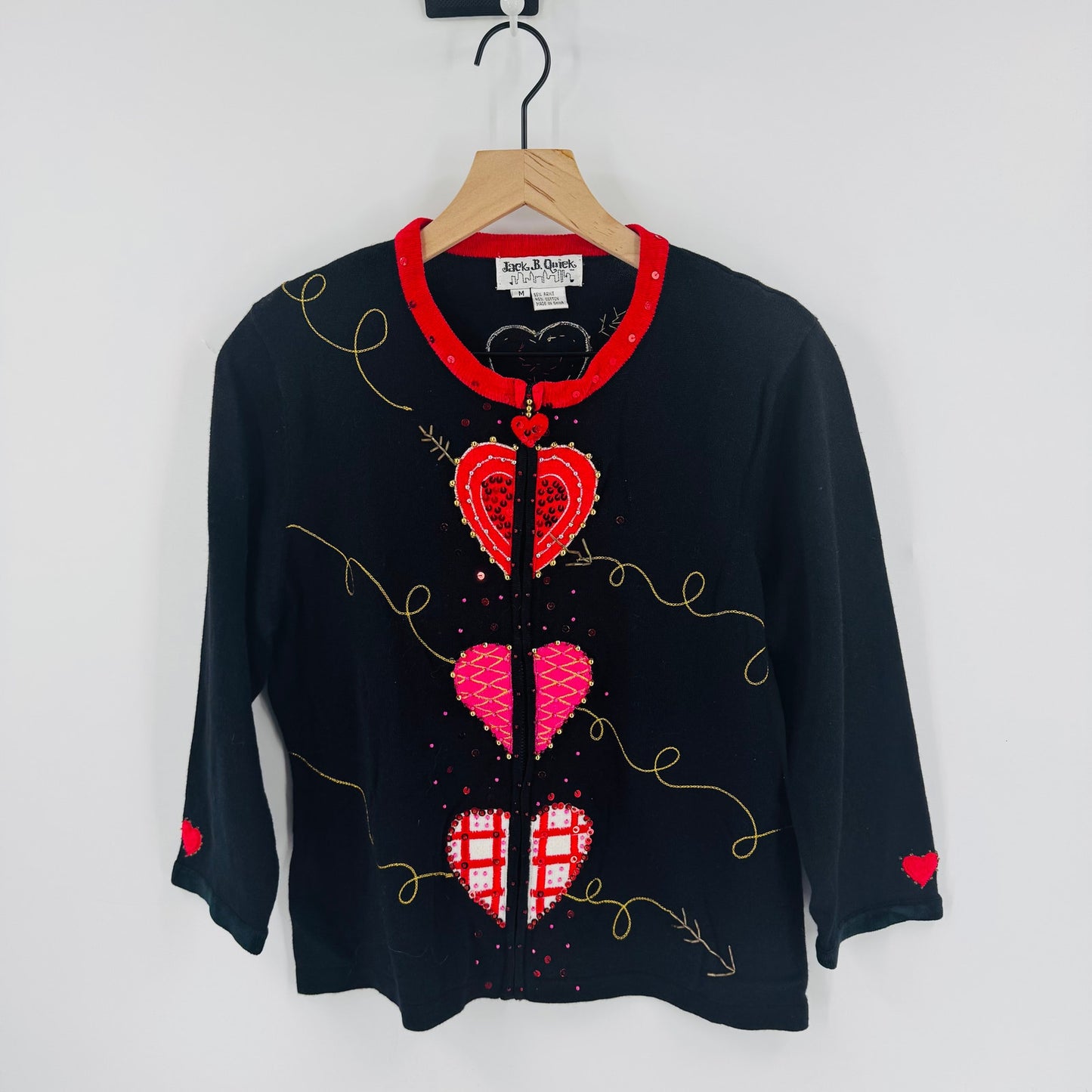 Vintage Jack B Quick Embellished Cardigan Heart Zip Black Red Sweater Size M