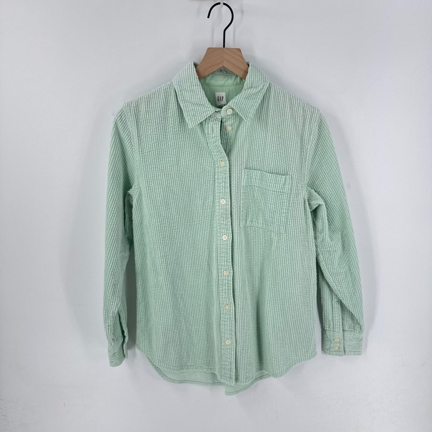 GAP Wide Wale Mint Green Corduroy Striped Button Down Shirt Size S Coastal