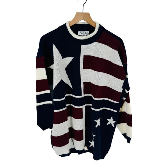 Vintage American Flag Star Stripe Knit Sweater Pullover Private Eyes Size L
