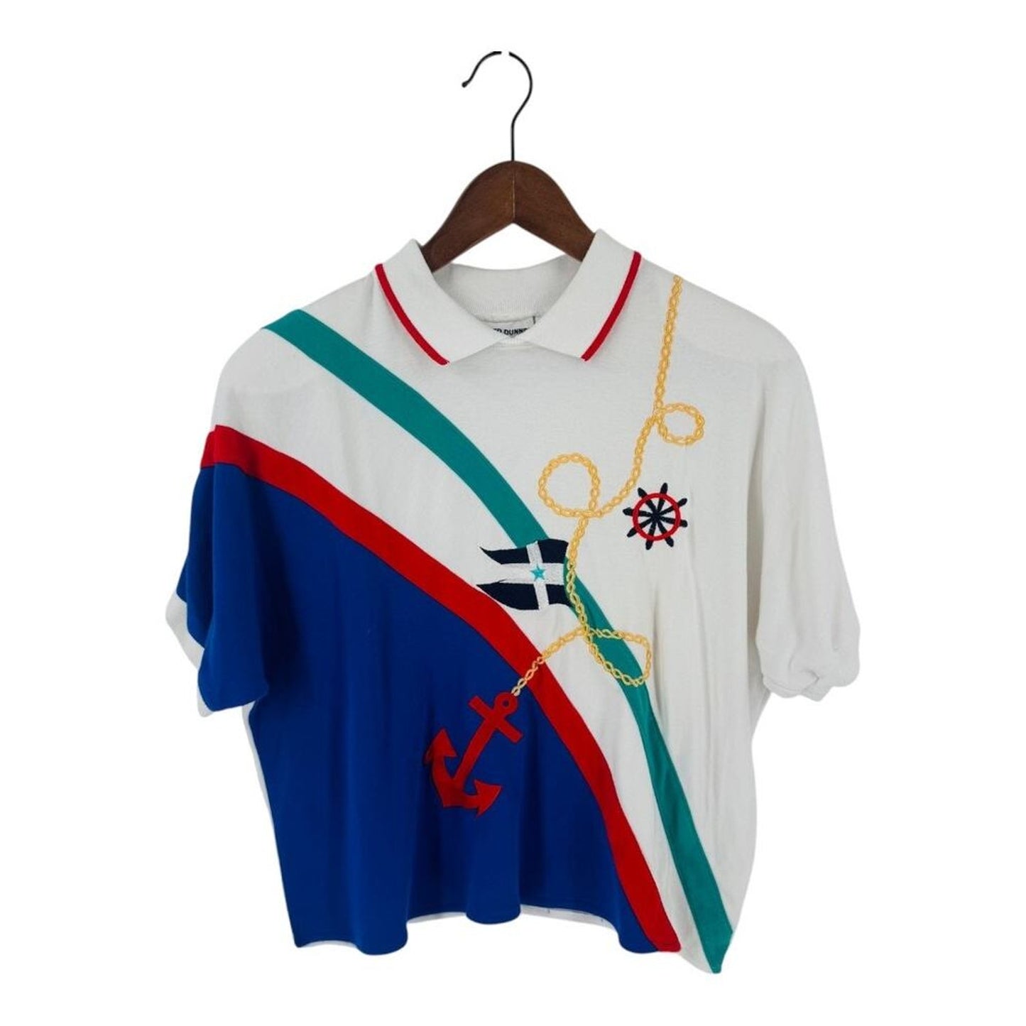 Vintage‎ Nautical Polo Shirt White Petite Large Vintage Anchor Embroidered Top