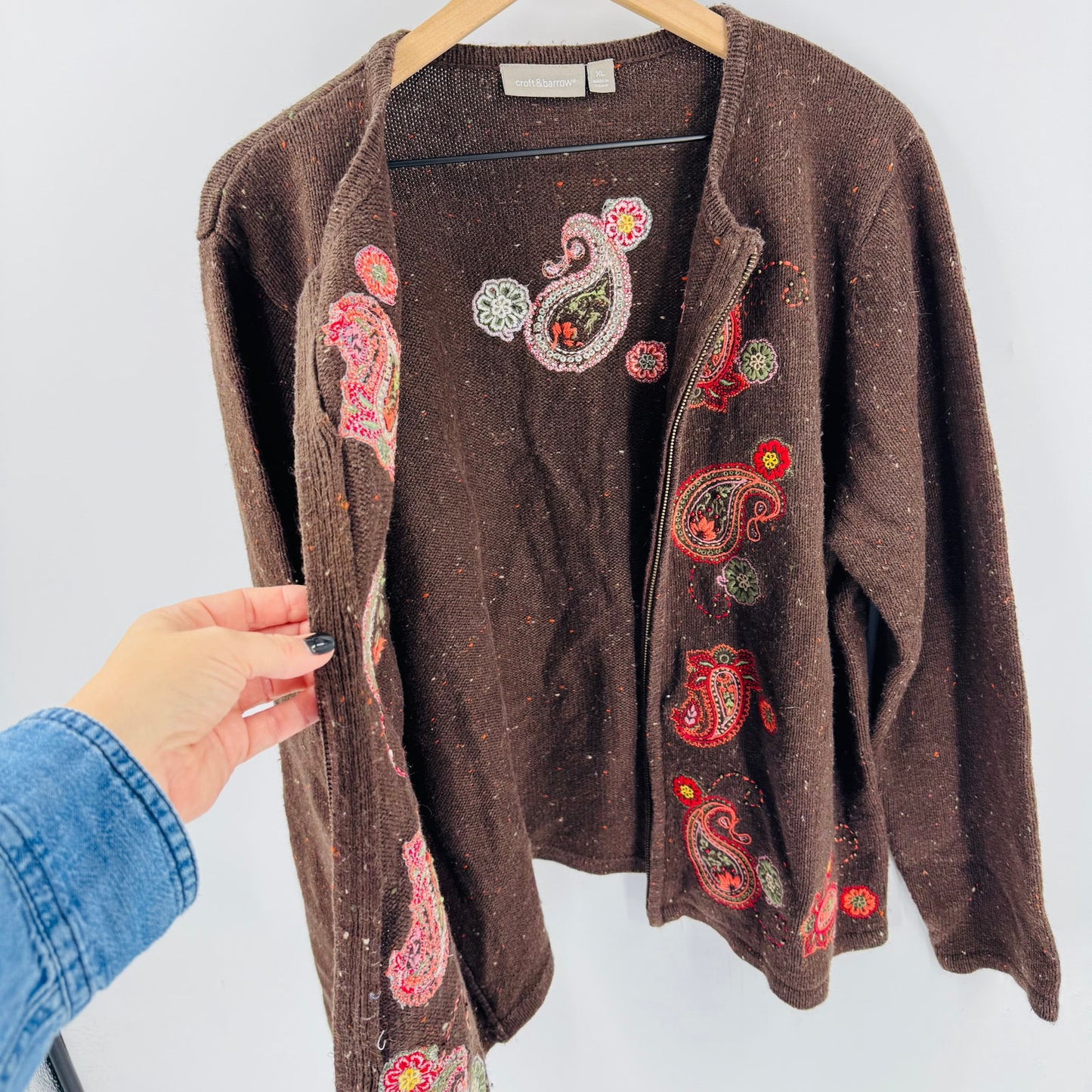 Vintage Croft & Barrow Embroidered Paisley Zip Cardigan Brown Sweater Size XL