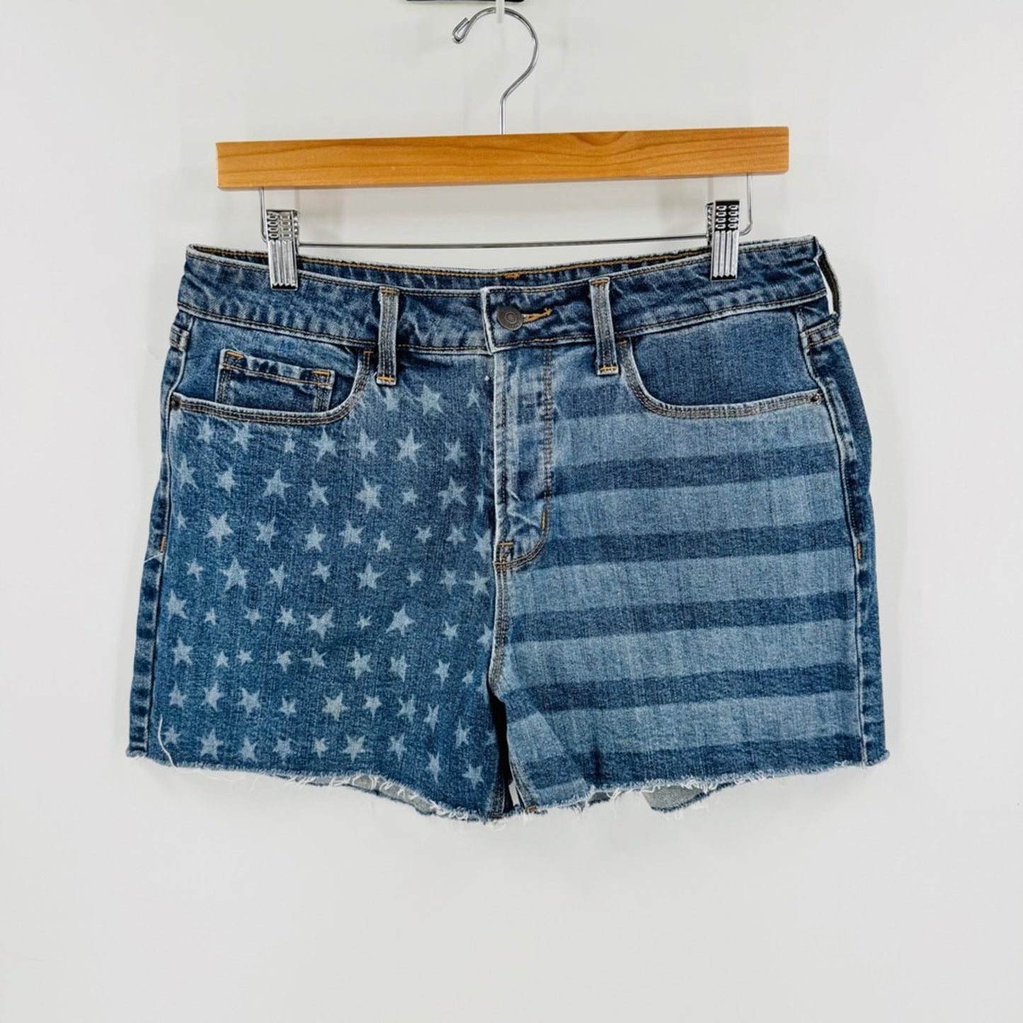 Old Navy Denim Shorts Size 10 Americana Stars Stripes High Rise Raw Hem USA 250