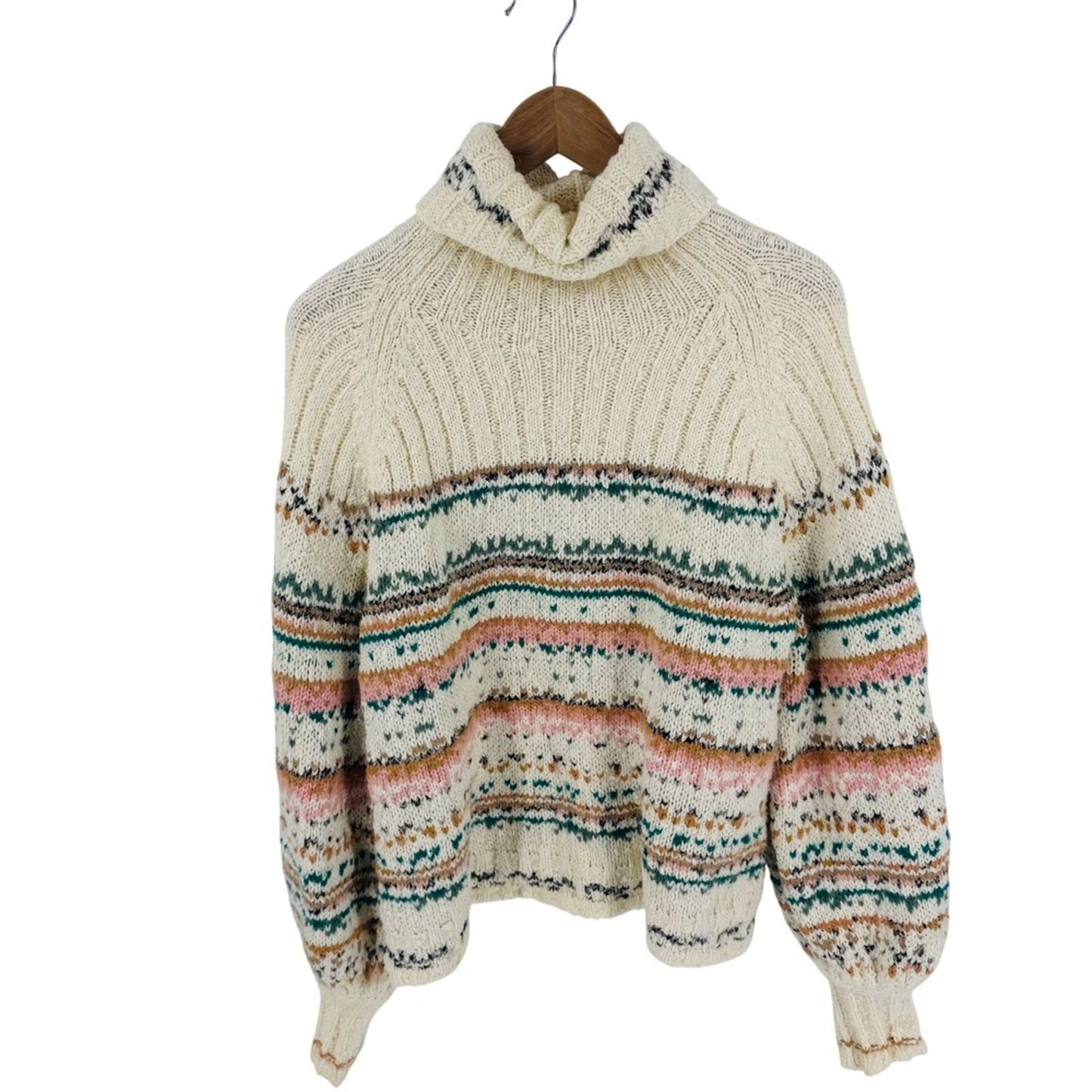 Pilcro Anthropologie Chunky Knit Fair Isle Turtleneck Cream Size L Cozy Cottage