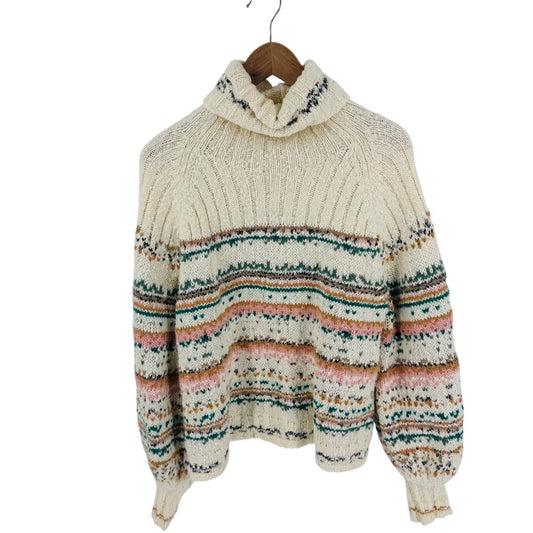 Pilcro Anthropologie Chunky Knit Fair Isle Turtleneck Cream Size L Cozy Cottage
