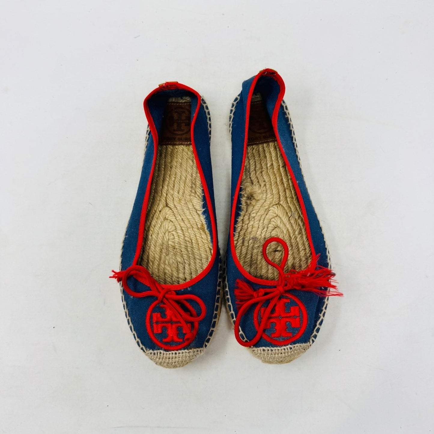 Tory Burch Canvas Espadrille Ballet Flats Bow Tassel Blue Red Slip On Size 8