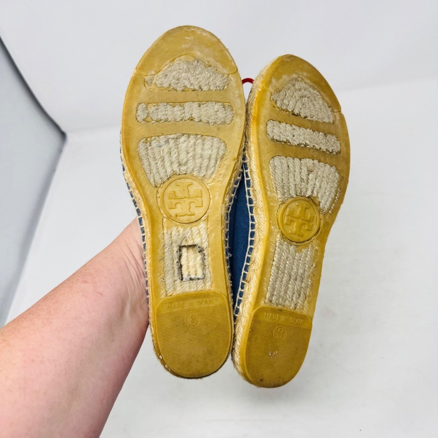 Tory Burch Canvas Espadrille Ballet Flats Bow Tassel Blue Red Slip On Size 8