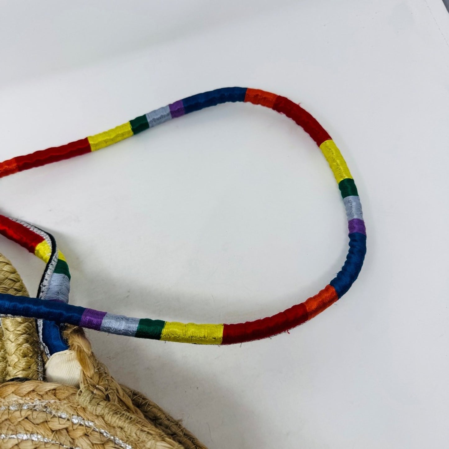 Sam Edelman NWT Round Straw Bag‎ Woven Silver Accents Rainbow Strap