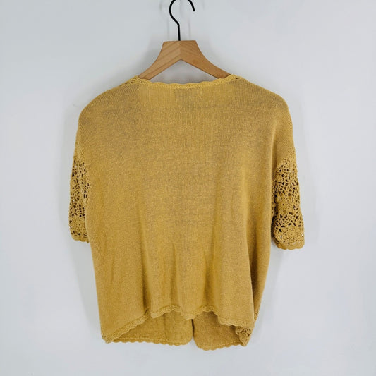 Vintage Mustard Yellow Crochet Floral Cardigan Size XL Cottage Ramie Shabby Chic