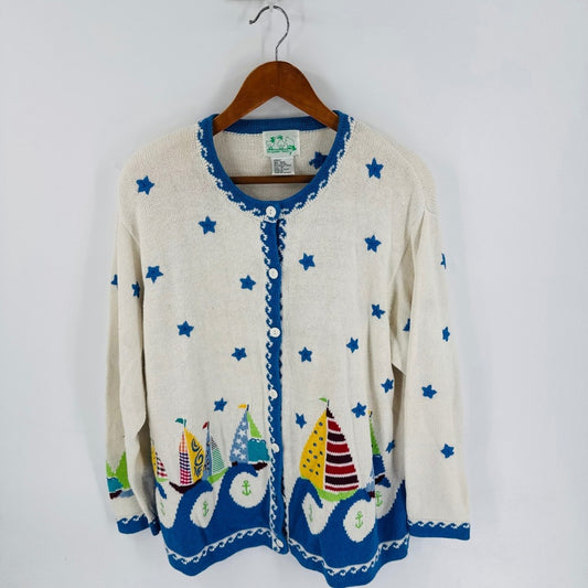 Vintage Sailboat Nautical Cardigan Sweater Novelty Whimsical Size 1X Coastal