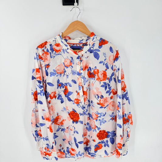 Talbots Floral Button Down Shirt White Blue Red XL Coastal Americana
