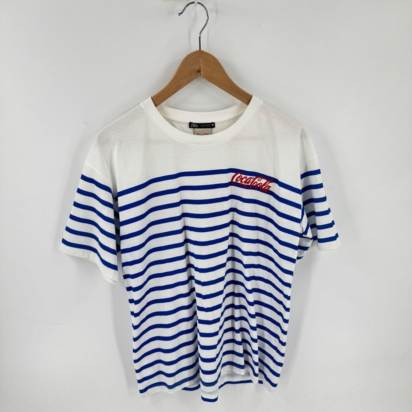 Zara Coca-Cola Striped T-Shirt White Blue Medium Retro Graphic Tee Short Sleeve