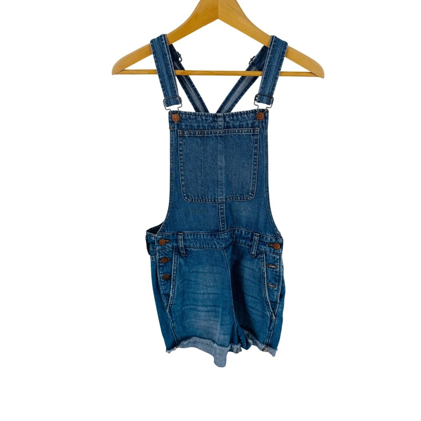 Madewell Medium Wash Denim Short Overalls Size S Raw Hem Coastal Summer Festival