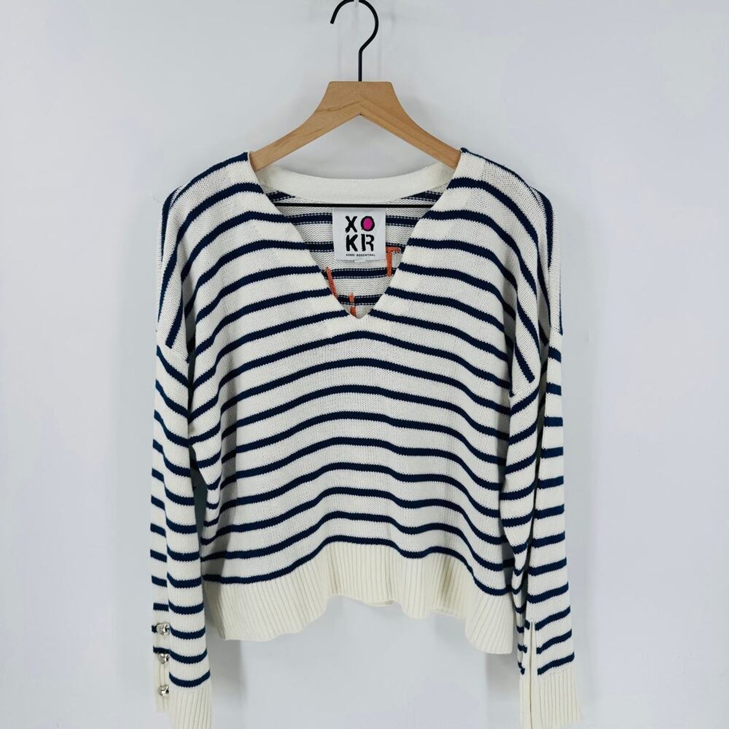 Kerri Rosenthal XOKR Striped Pullover Sweater Embroidered Nautical Size M Medium