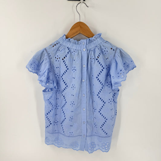 Jennifer & Grace Eyelet Flutter Sleeve Top Blue XS Cottagecore Coastal NWT
