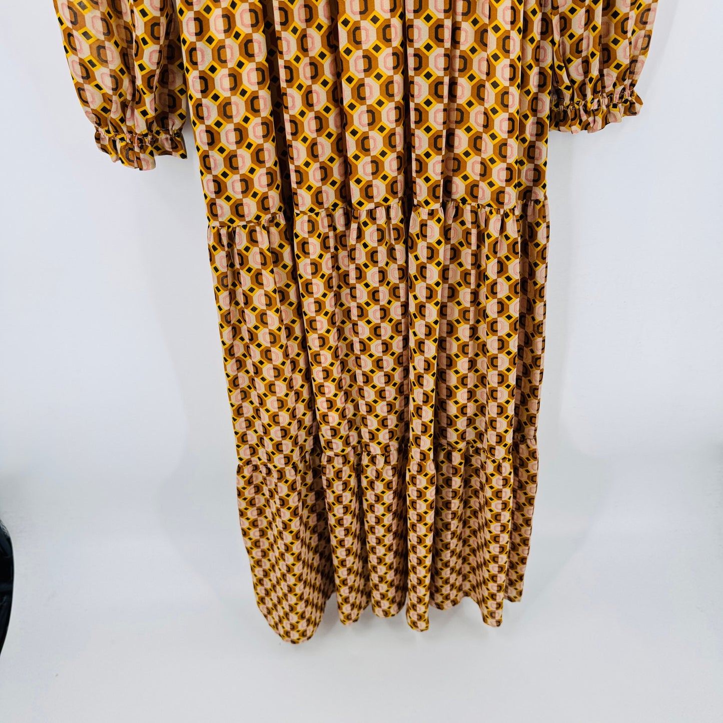Melloday Smocked Long Sleeve Maxi Dress Retro Geometric Print Brown XS